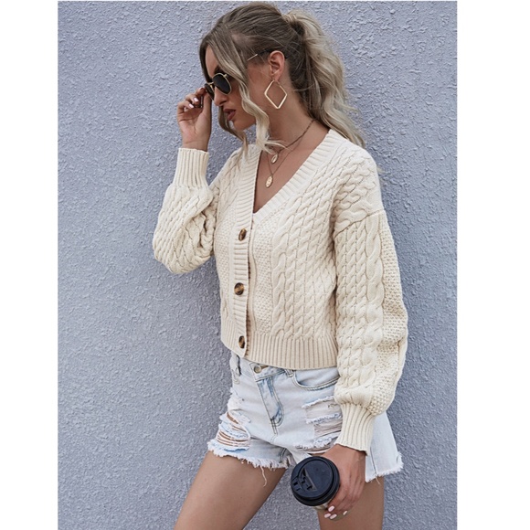 Cable Knit Drop Shoulder Button Front Cardigan - Picture 5 of 7